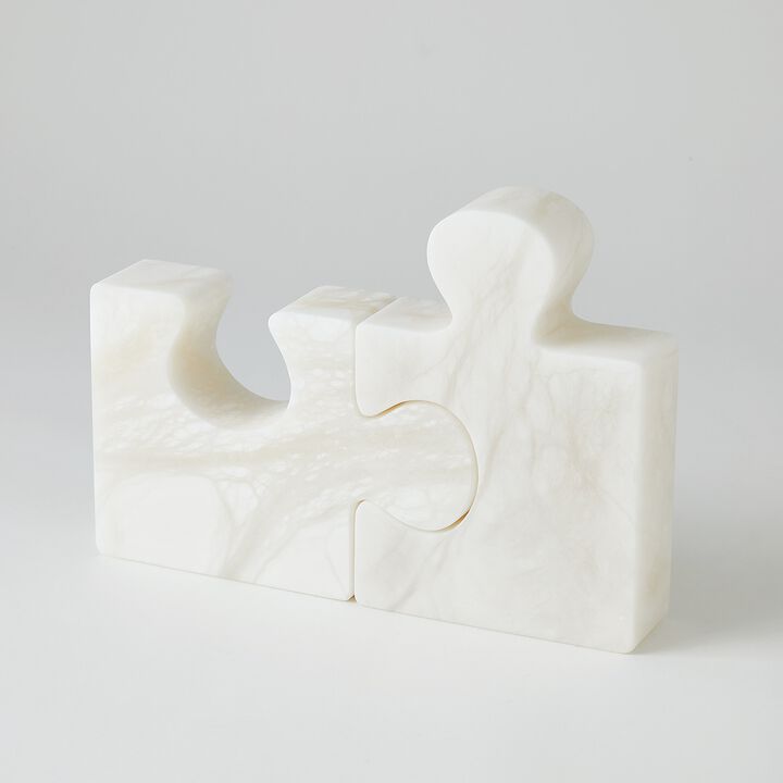 Alabaster Jigsaw Bookends White Pair