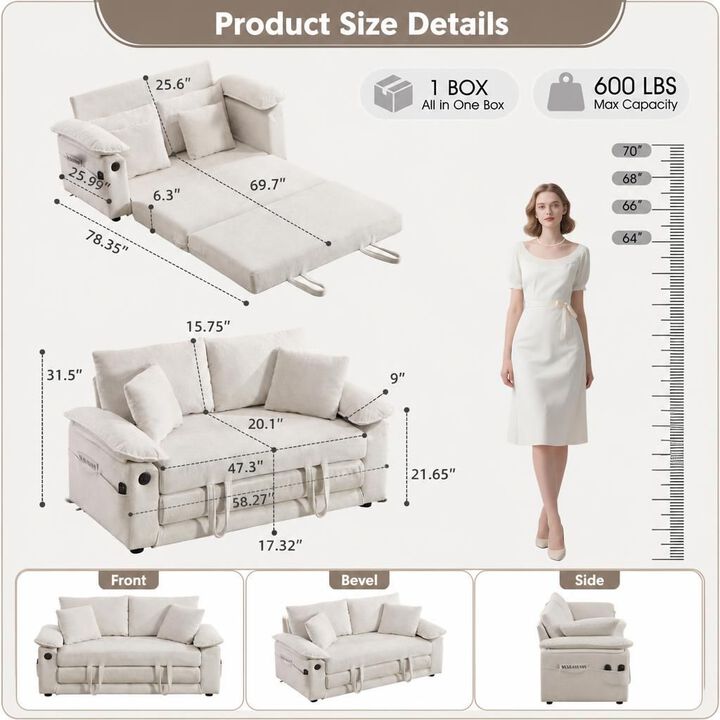 GOODSILO 3-in-1 Upholstered Convertible Futon Sofa Bed, Foldable Tufted Loveseat Pull Out Sleeper Couch with Side Pockets for Small Living Spaces