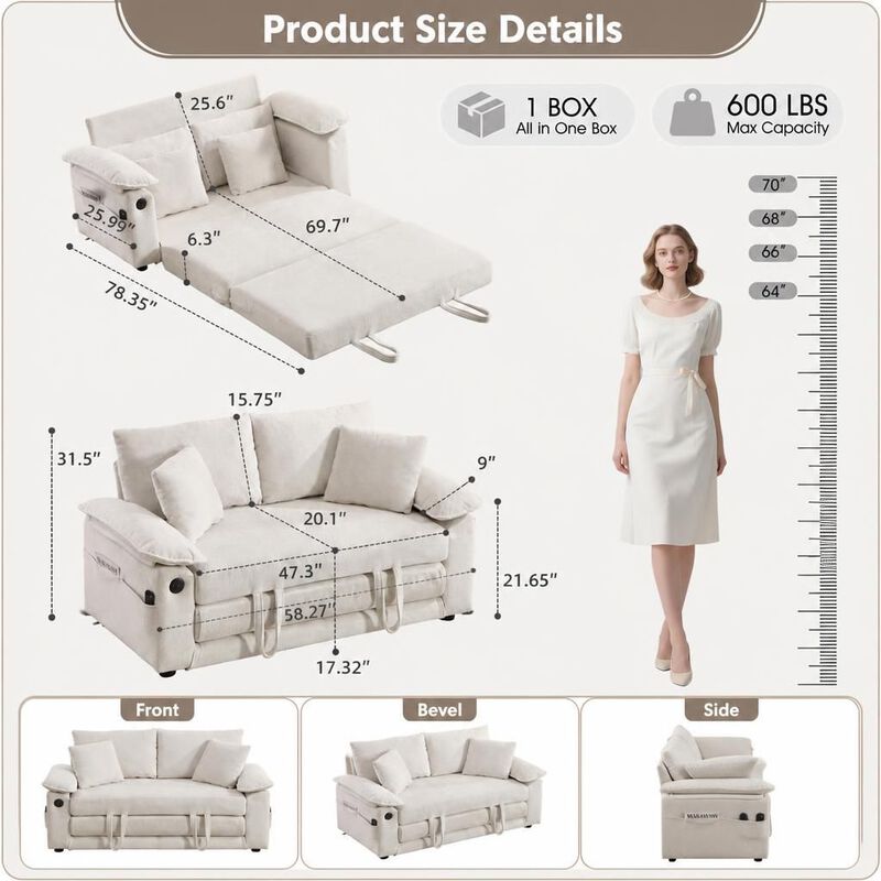 GOODSILO 3-in-1 Upholstered Convertible Futon Sofa Bed, Foldable Tufted Loveseat Pull Out Sleeper Couch with Side Pockets for Small Living Spaces image number 1