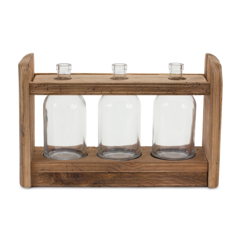 HomeRoots 10" Clear And Brown Glass And Wood Three Bottle Table Vase image number 0