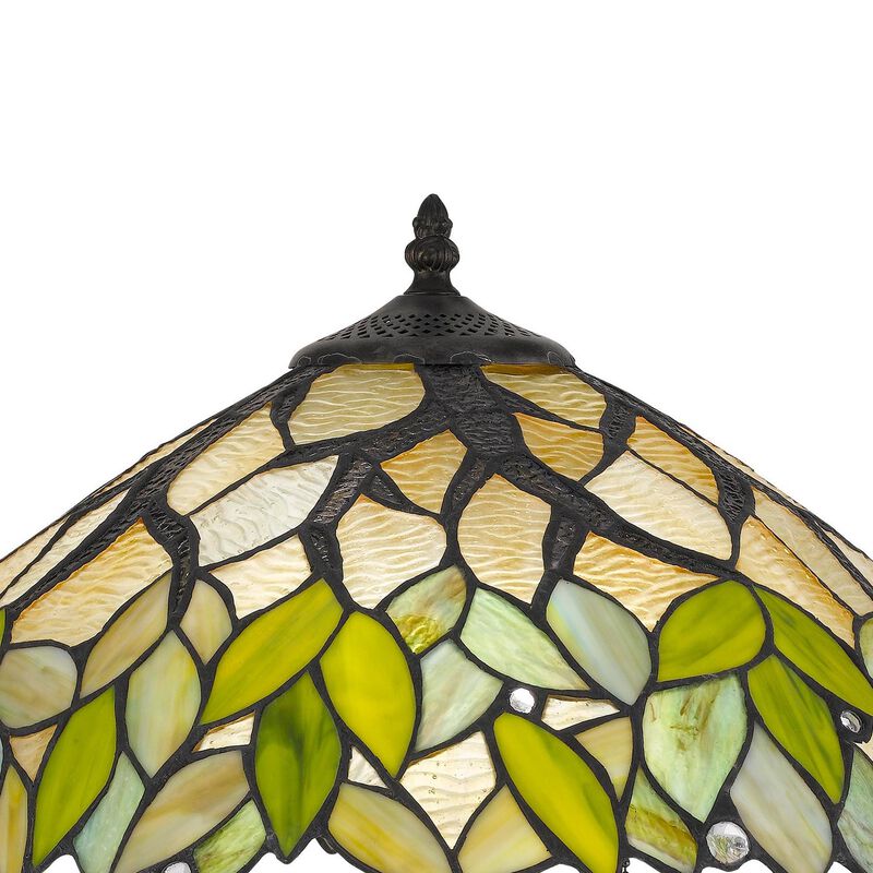 2 Bulb Tiffany Table Lamp with Leaf Design Glass Shade, Multicolor-Benzara