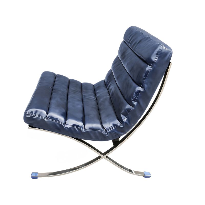 HomeRoots 29" Blue and Silver Tufted Leather and Upholstered Folding Lounge Chair