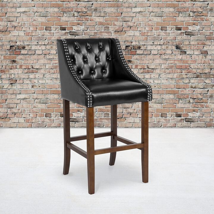 Flash Furniture Carmel Series 30" High Transitional Tufted Walnut Barstool with Accent Nail Trim in Black LeatherSoft