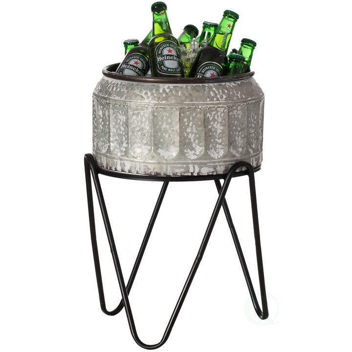 Silver Galvanized Metal Ice Bucket Beverage Cooler Tub with Stand, Medium