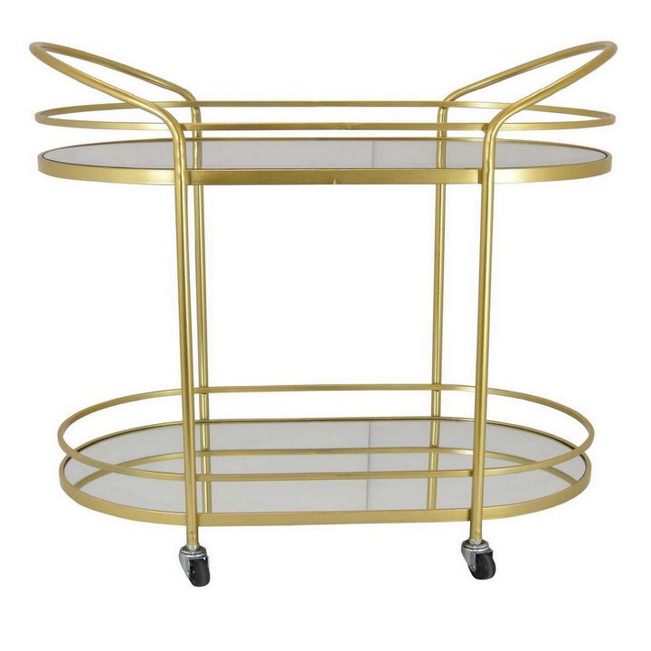 29 Inch Rolling Cart Plant Stand, 2 Tier Oval Mirrored Display, Gold Metal - Benzara