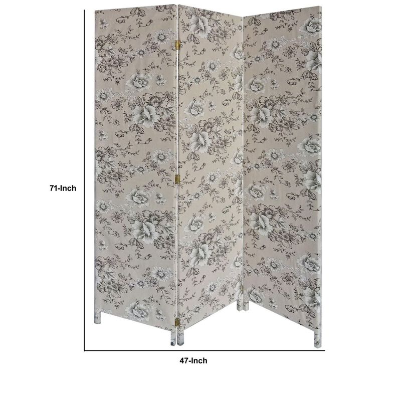 71 Inch 3 Panel Fabric Room Divider with Floral Print, Gray-Benzara