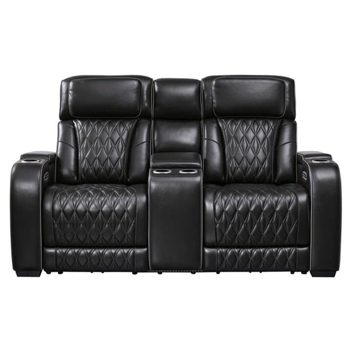 Boyin Power Recliner Loveseat, Black Faux Leather, USB Port, 75 Inch - Benzara