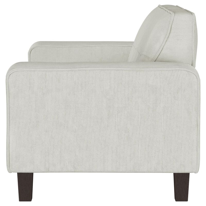 Dero Loveseat, 58 Inch, Light Gray Faux Corduroy, Modern Track Arms - Benzara
