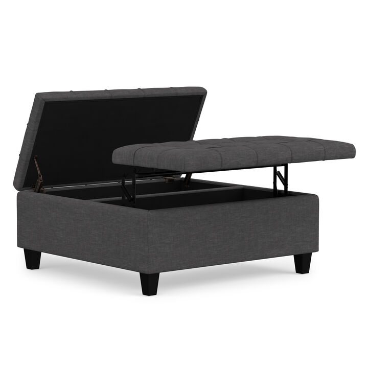 Harrison 36 inch Wide Transitional Square Coffee Table Storage Ottoman in Slate Grey Linen Look Fabric, Assembled