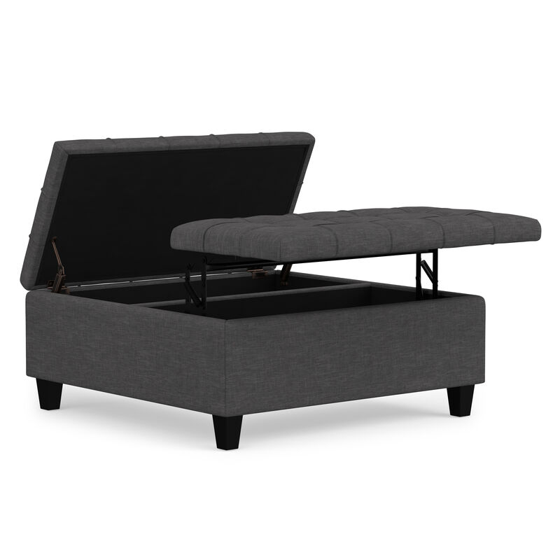 Harrison 36 inch Wide Transitional Square Coffee Table Storage Ottoman in Slate Grey Linen Look Fabric, Assembled image number 0