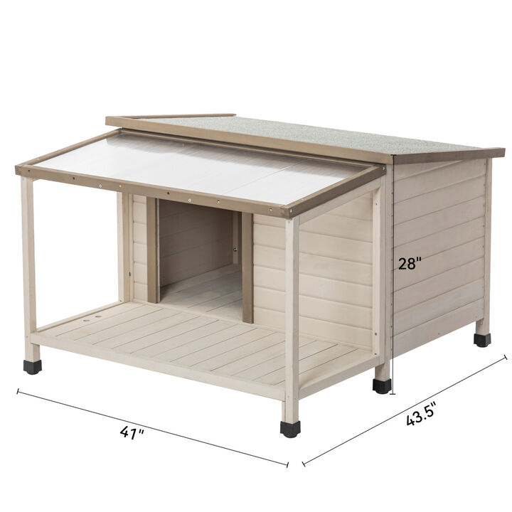 Outdoor For wood dog house with an open roof ideal for small to medium dogs. Dog house with large terrace with clear roof.Weatherproof asphalt roof and treated wood