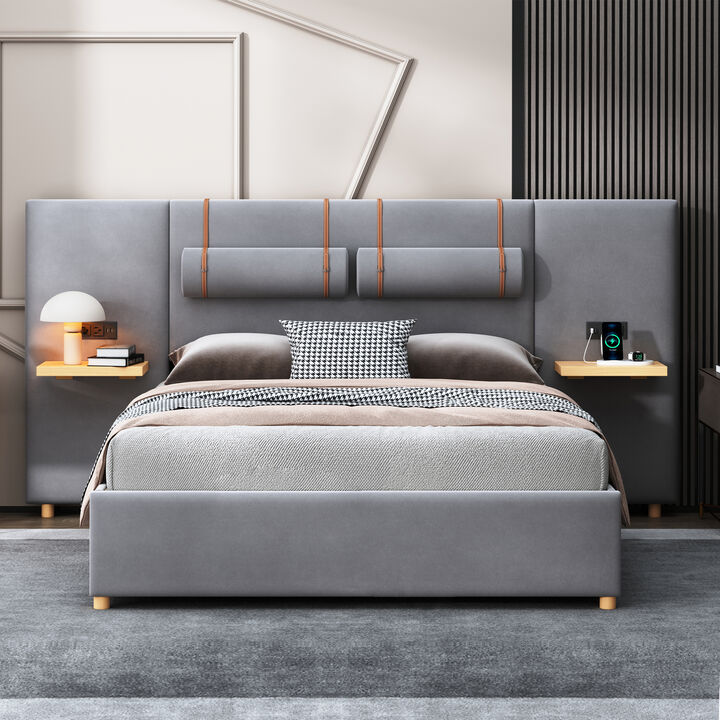 Merax Velvet Platform Bed  with Built-in Pillows