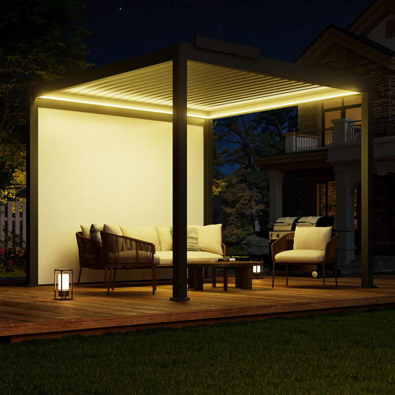 Mondawe 10 ft. x 10 ft. Gray Aluminum Louvered Pergola with LED Lights, Remote Control and Electric Projector Screen image number 2