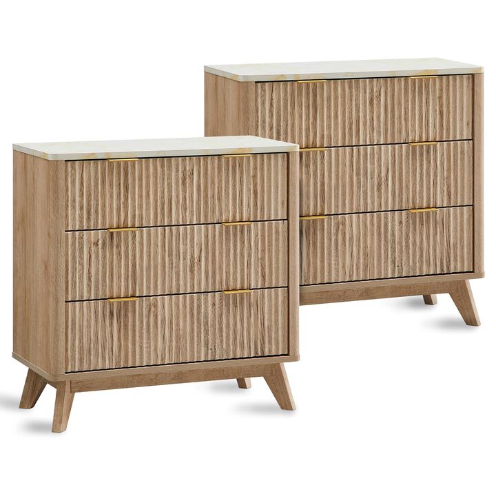 Fluted 3-Drawer Oversized Nightstand Set, Faux Marble Top, Curved Modern Side Table