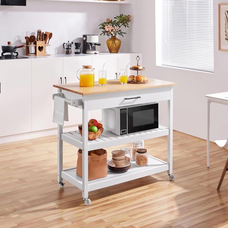 Hivvago White Kitchen Island Cart with Drawer Storage Shelves and Locking Casters