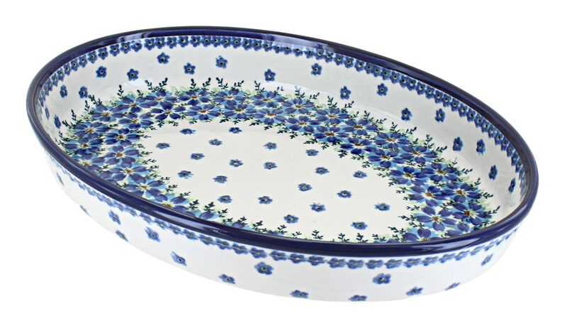 Blue Rose Polish Pottery Peacock Large Oval Baker