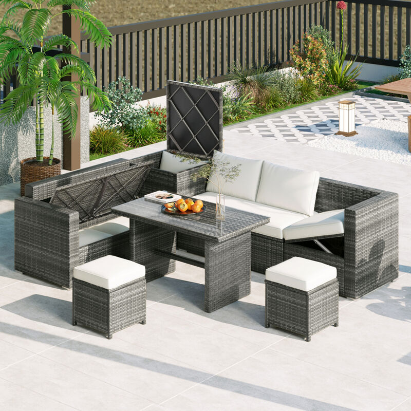 Outdoor 6-Piece All Weather PE Rattan Sofa Set, Garden Patio Wicker Sectional Furniture Set with Adjustable Seat, Storage Box, Removable Covers and Tempered Glass Top Table, Beige
