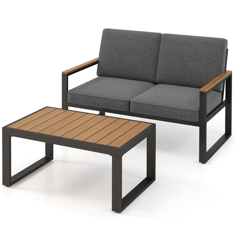 2-Piece Outdoor Aluminum Patio Set with Wood-Plastic Armrests and Table - Grey image number 0