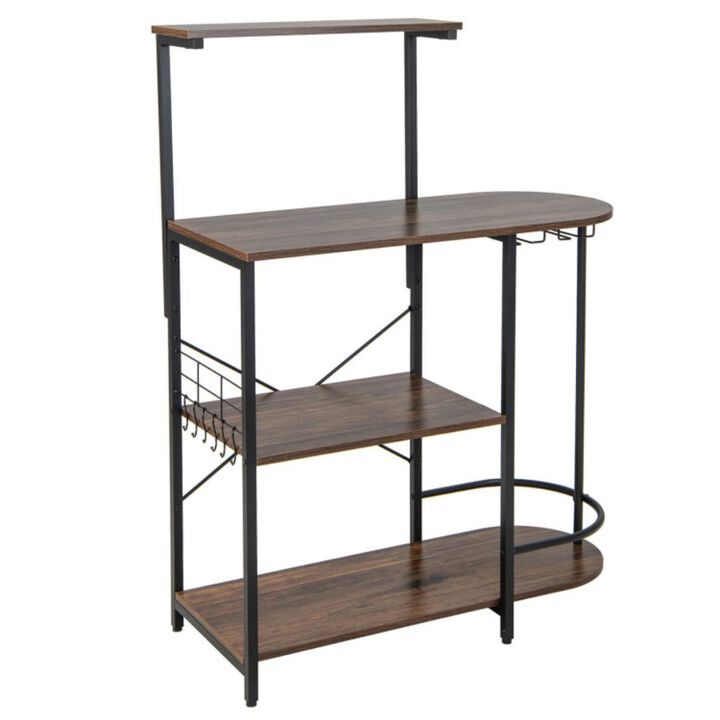 Hivago 4-Tier Kitchen Bakers Rack with 6 S-Hooks and Stemware Racks-Rustic Brown