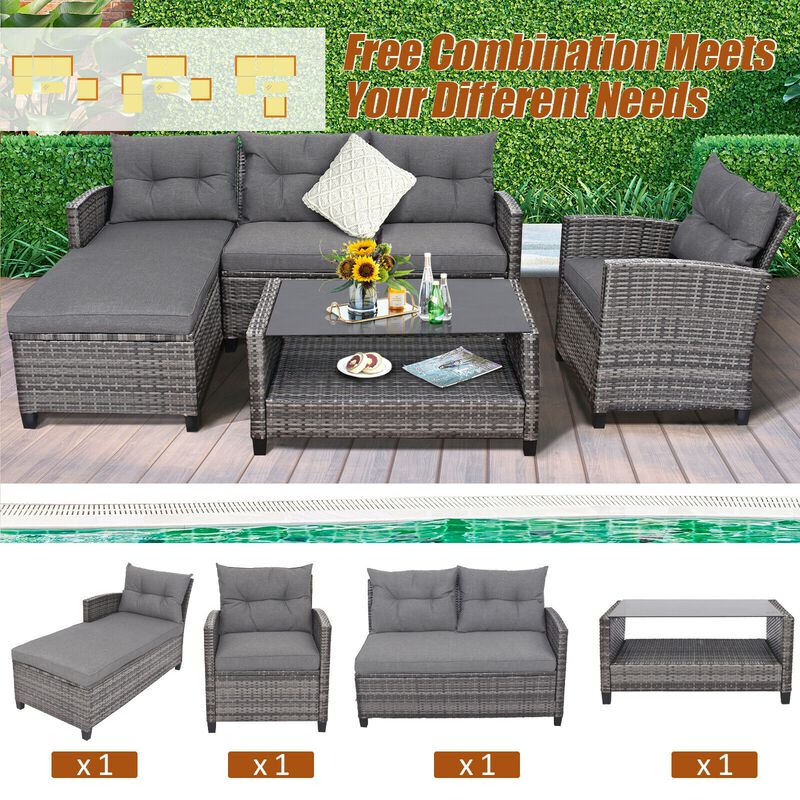 4 Pieces Patio Rattan Sofa Furniture Set with Cushion and 2-Tier Coffee Table image number 5