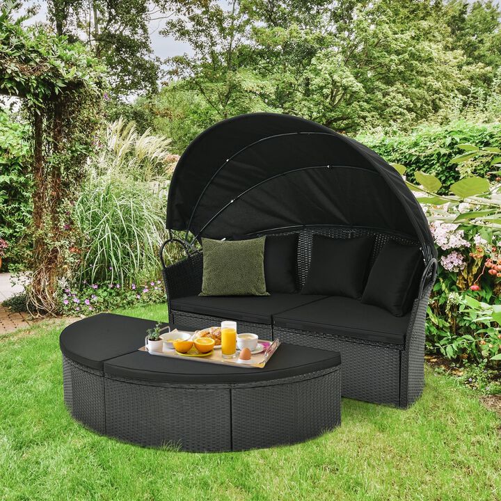 Mondawe Clamshell Patio Round Daybed Wicker with Retractable Canopy and Pillows