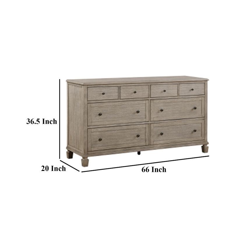 Cely Dresser, 66 Inch, 8 Drawers, Gray Oak Veneer, Nickel Tone Knobs - Benzara