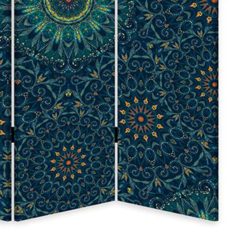 72 Inch 3 Panel Canvas Foldable Room Divider, Bohemian Design, Teal Blue - Benzara