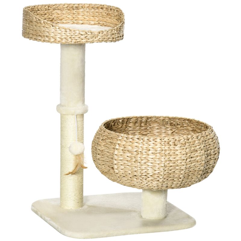 28" Elevated Cat Bed with Sisal Scratching Post for Indoor Kitties, Modern Cat Tree with Cute Basket Design, Small Cat Tree with Fun Ball Toy