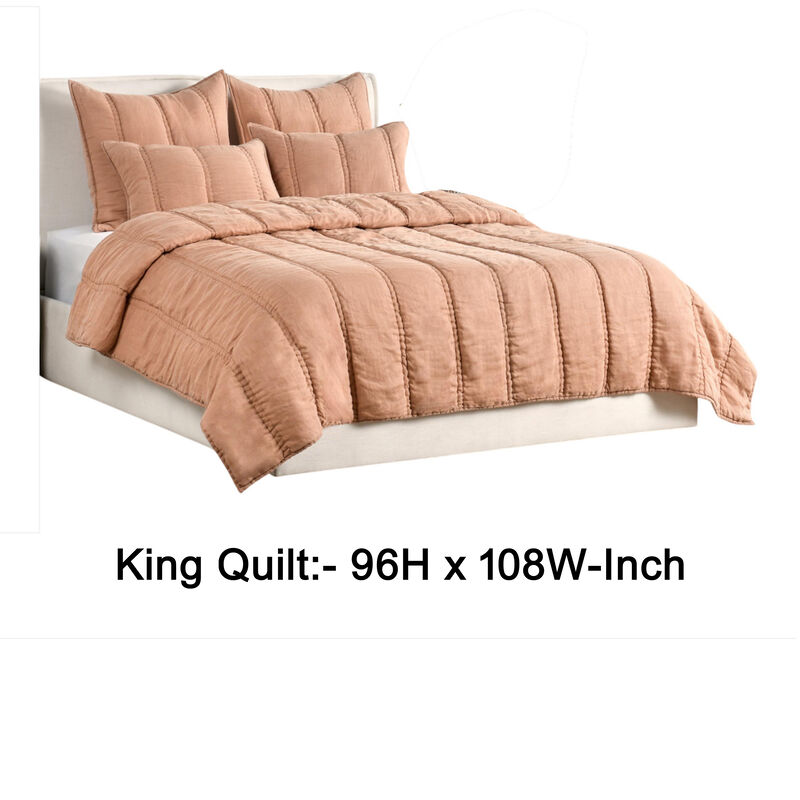 Rawi King Size Quilt, Clay Linen Like Ramie Fabric, Channel Stitching - Benzara