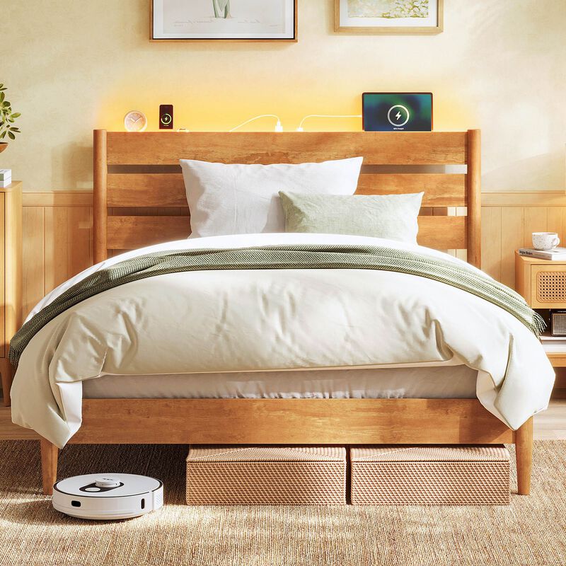Full Size Bed Frame with LED Headboard and Storage Shelf USB Ports image number 6