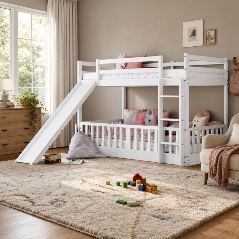 Whisen 77.3"x87.1" Twin Over Twin Bunk Bed, Solid Wood with Slide Ladder for Kids Bedroom image number 1