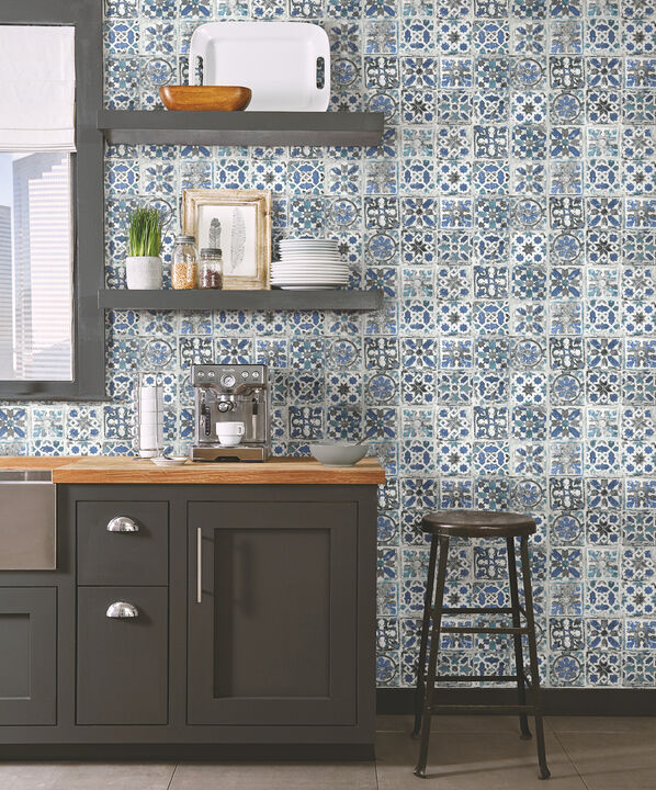 Encaustic Tile Blue Peel & Stick Wallpaper (Set of 2)
