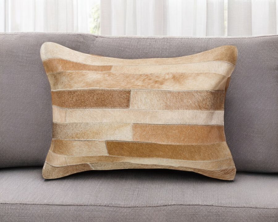 HomeRoots 12" X 20" Tan Lumbar Patchwork Cowhide Throw Pillow