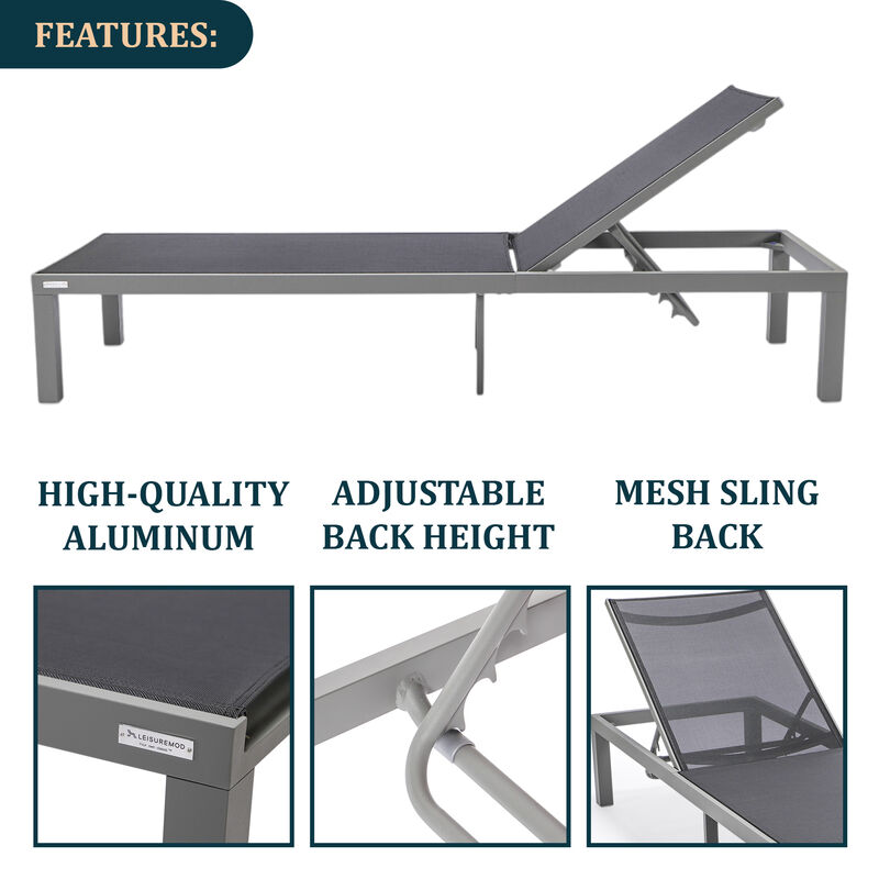 LeisureMod Marlin Modern Black Aluminum Outdoor Patio Chaise Lounge Chair in Grey Frame with Square Fire Pit Side Table