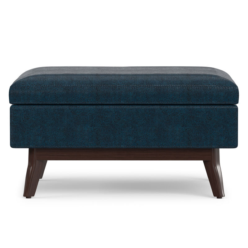 Owen 34 inch Wide Mid Century Modern Rectangle Coffee Table Storage Ottoman in Distressed Dark Blue Vegan Faux Leather, Assembled image number 2