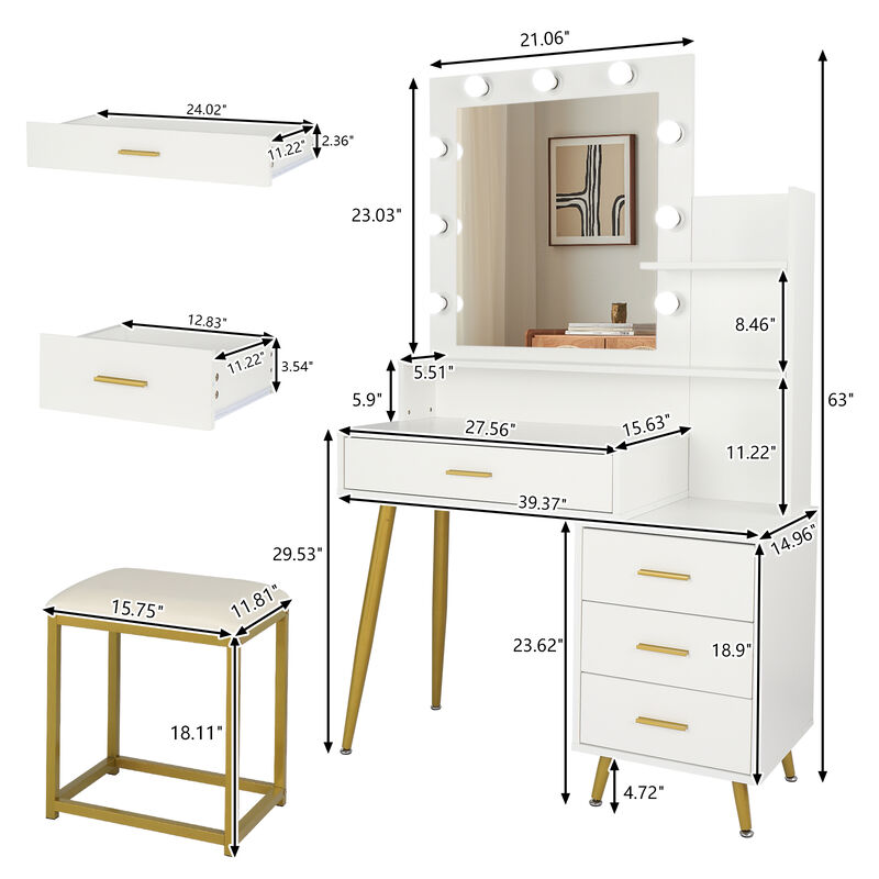 Makeup Vanity Set with 9 LED Bulbs, Dressing Table with Cushioned Stool, 3 Storage Shelves & 4 Drawers