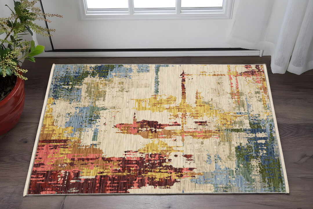 HomeRoots Abstract Area Rug With Fringe