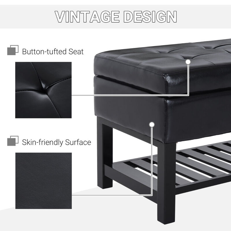 Sleek Seating Storage: 44" Black Tufted Faux Leather Ottoman with Shoe Rack