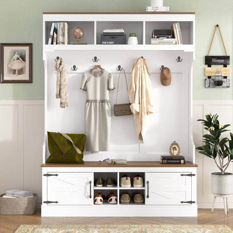 Merax All-in-One Entryway Storage Unit with Seating Bench, Coat Hooks & Shoe Rack image number 1