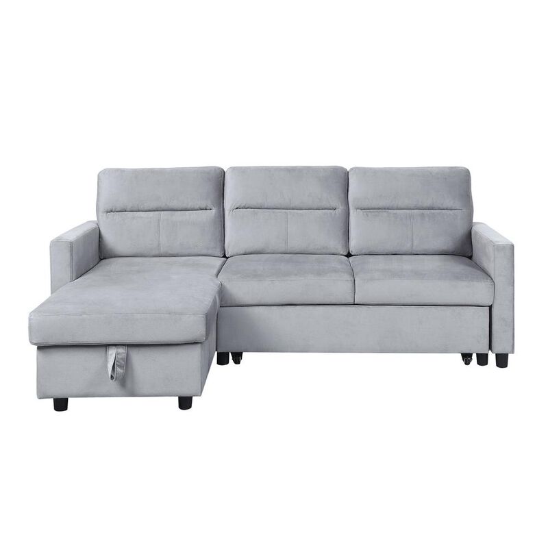 Lilola Home Ruby Light Gray Velvet Reversible Sleeper Sectional Sofa with Storage Chaise and Side Pocket