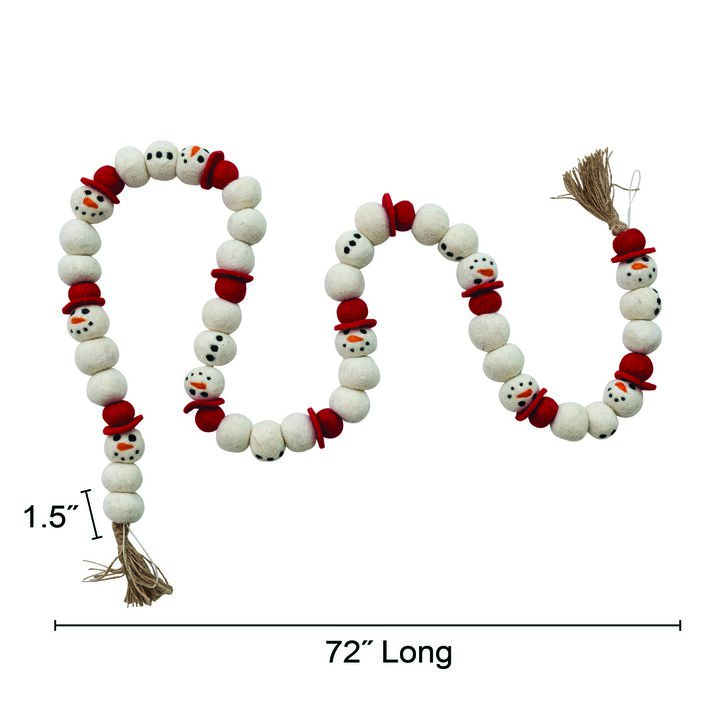 Handmade Wool Felt Snowman Garland with Jute Tassels, Multicolor