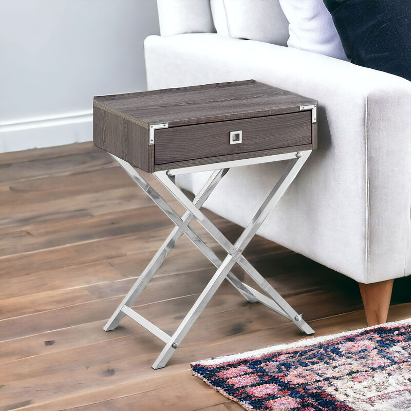 Durable Metal and Wood End Table &ndash; Compact Nightstand with Handy Drawer
