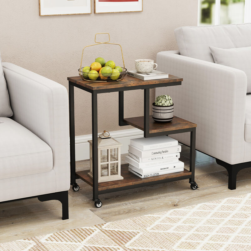3-Tier Rolling Side Table with G-Shaped Frame and Open Display Shelves
