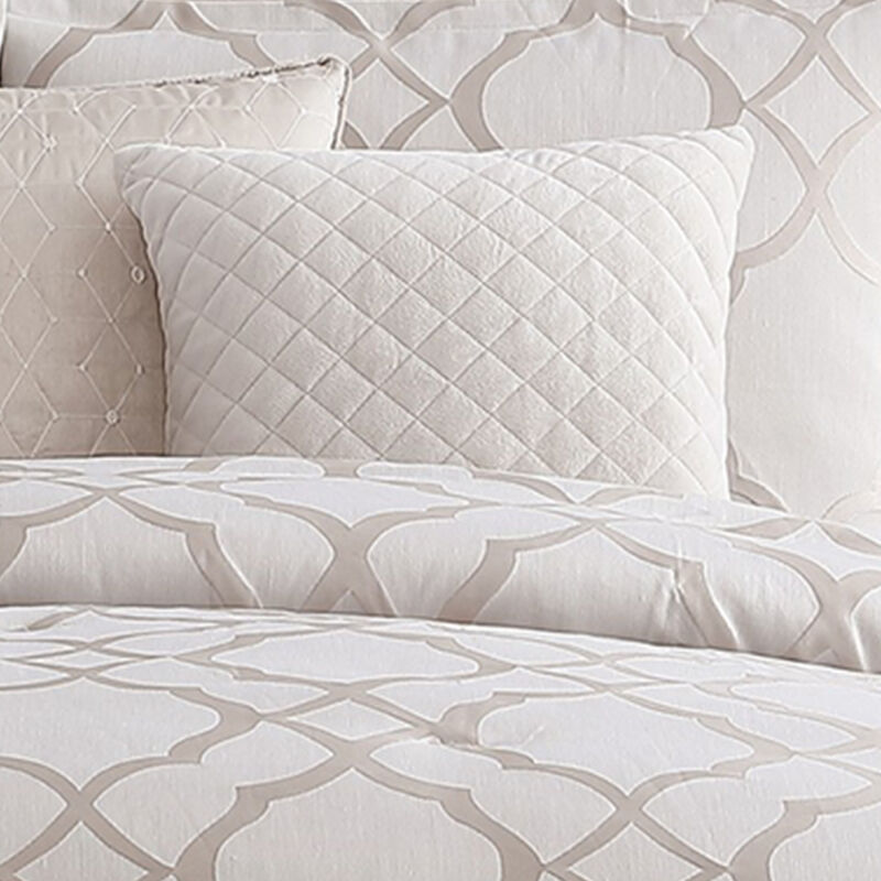 9pc Queen Size Comforter Set with Quatrefoil Prints, White Polyester - Benzara