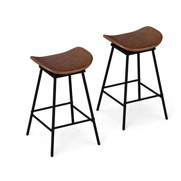 Set of 2 Backless Swivel Barstools with Faux Leather Upholstery & Footrest