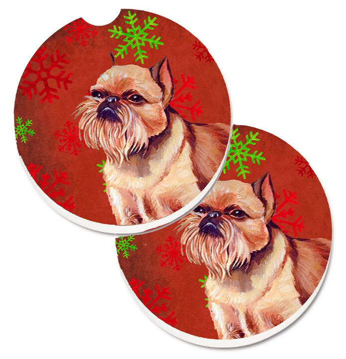 Caroline's Treasures Brussels Griffon Red & green Snowflakes Holiday Christmas Set of 2 Cup Holder Car Coasters LH9314CARC, 2.56, Multicolor