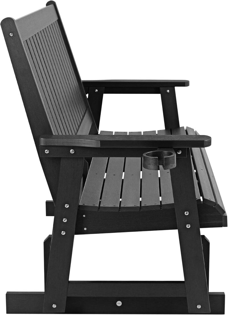 HIPS Patio Glider with Cup Holders, All-Weather Resistant, High Backrest and Deep Contoured Seat, Heavy Duty 900 LB (3-Seat,Black)