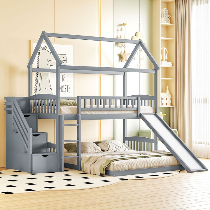 Whisen 77.4"x41.6" Twin Over Full Bunk Bed with Slide, Solid Wood Playhouse for Kids Bedroom