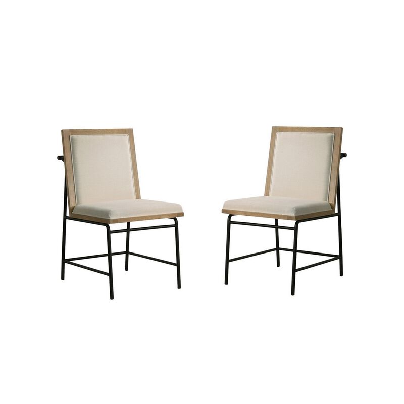 Tory 25 Inch Dining Chair Set of 2, Cream Fabric, Brown Wood, Black Metal - Benzara