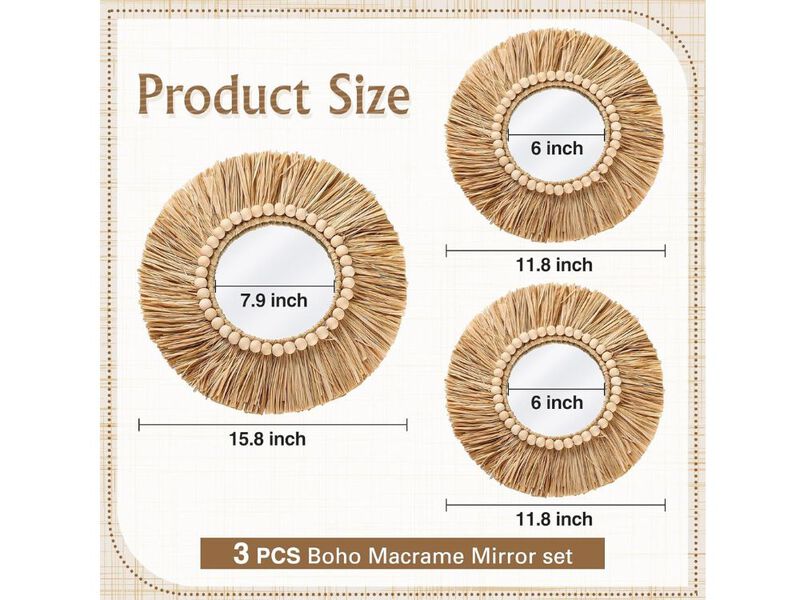 Boho Raffia Round Wall Mirror Set Rustic Decorative Mirrors with Wood Beads image number 3